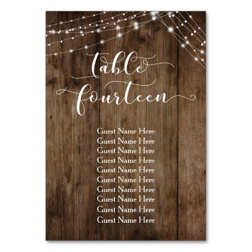 Wood  Lights Table Fourteen with Guest Names Card
