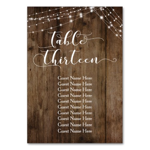 Wood  Lights Table Thirteen with Guest Names Card