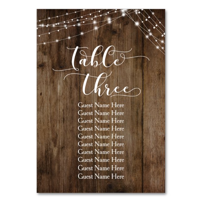 Wood & Lights Table Three with Guest Names Card (Front)