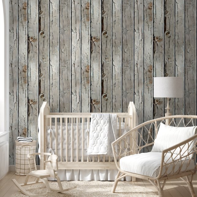 Wood limewash country western white rustic chic wallpaper  (Kids)