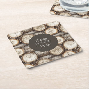 Wood Log Cabin Birthday Square Paper Coaster