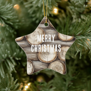 Wood Log Cabin Christmas Ceramic Ornament