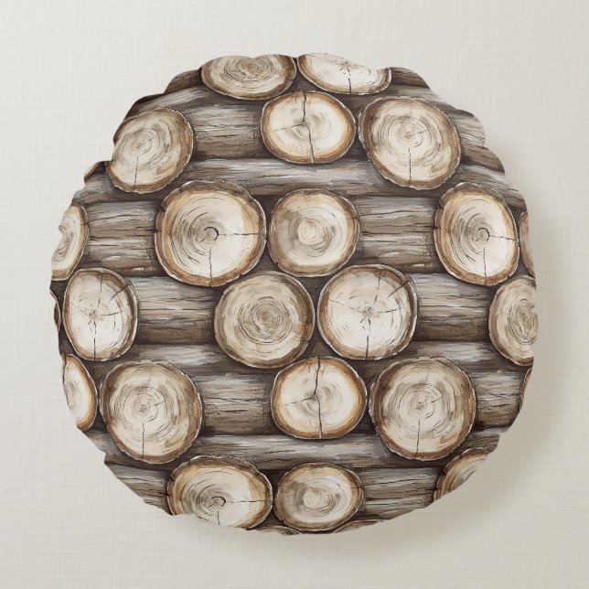 Wood Log Cabin Christmas Round Pillow (Front)