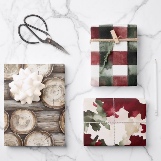 Wood Log Cabin Red Green Christmas Wrapping Paper Sheets (Front)