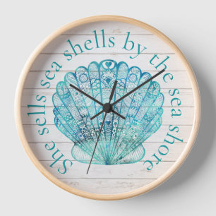 Wood Look Aqua Sea Shell Clock