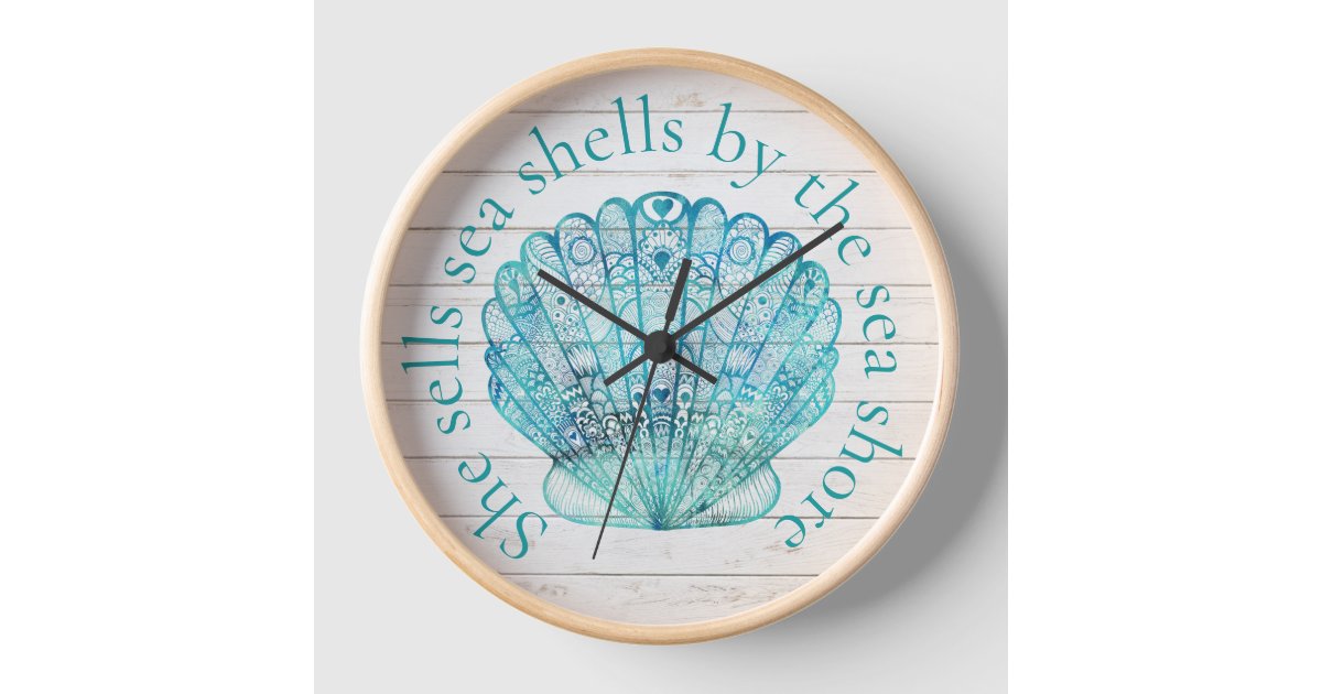 Wood Look Aqua Sea Shell Clock | Zazzle