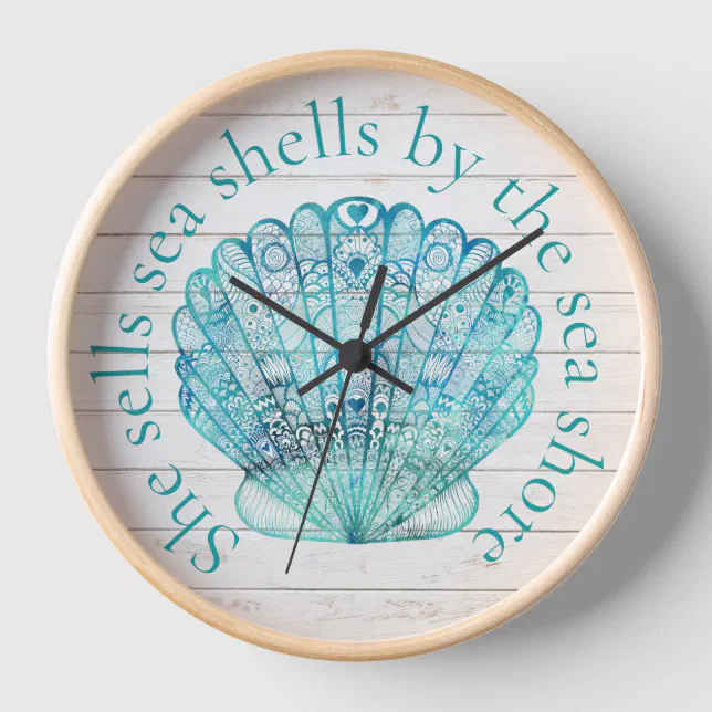Wood Look Aqua Sea Shell Clock | Zazzle
