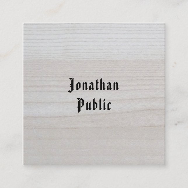 Wood Look Calligraphed Minimalist Template Elegant Square Business Card (Front)