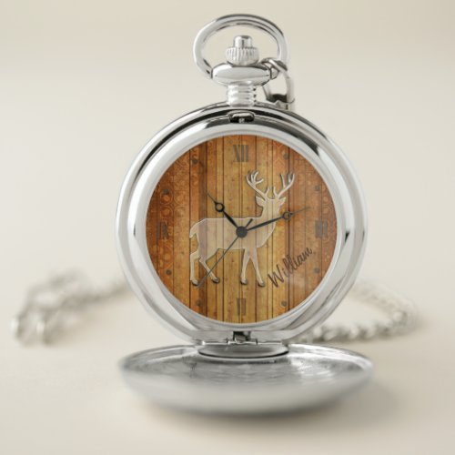 Wood Look Face with Deer 2 Pocket Watch