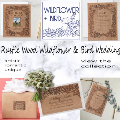 Wood Look Floral Bird Border Rustic Wedding Invitation