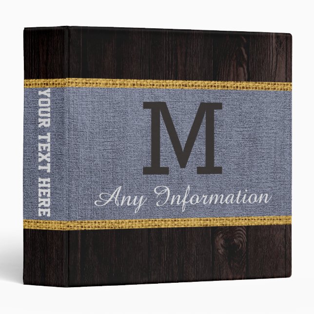 Wood Look Gray Burlap Rustic Monogram Binder (Front/Spine)