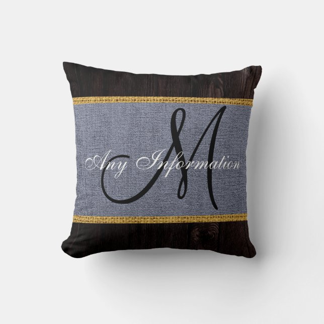 Wood Look Gray Burlap Rustic Monogram Throw Pillow (Front)