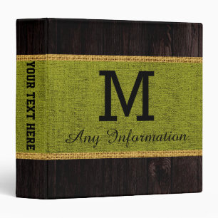 Wood Look Green Burlap Rustic Monogram 3 Ring Binder
