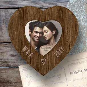 Wood Look Heart - Custom Carved Initials & Photo Paperweight