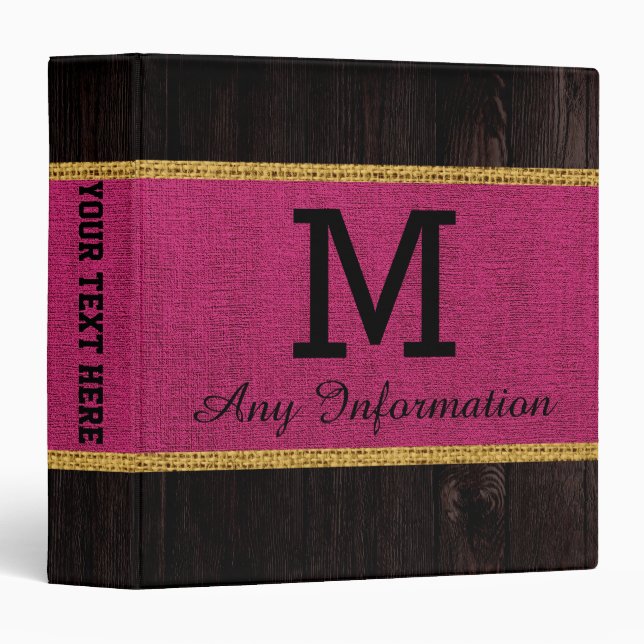 Wood Look Maroon Burlap Rustic Monogram Binder (Front/Spine)