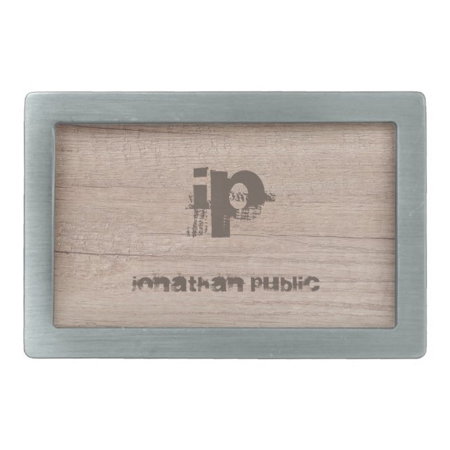 Wood Look Monogram Template Distressed Text Name Belt Buckle (Front)