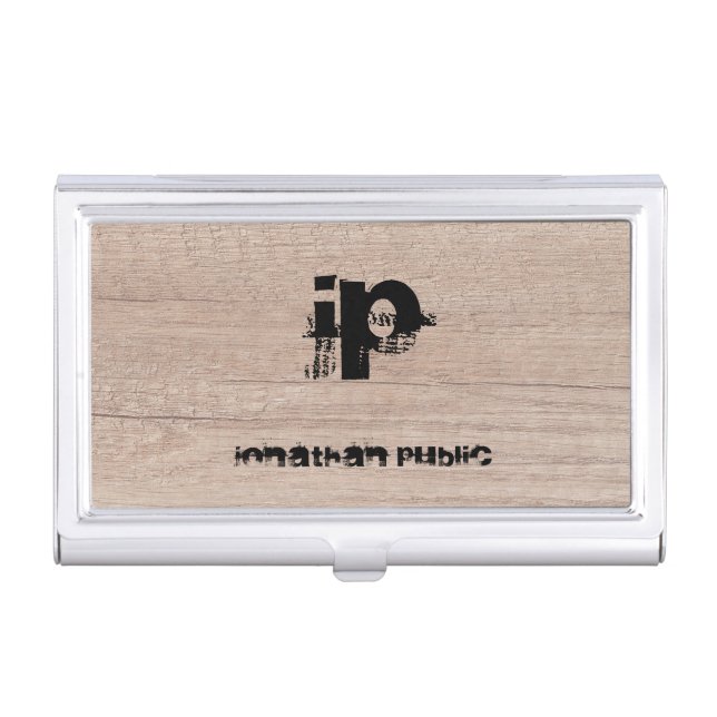 Wood Look Monogram Template Distressed Text Name Business Card Case (Front)
