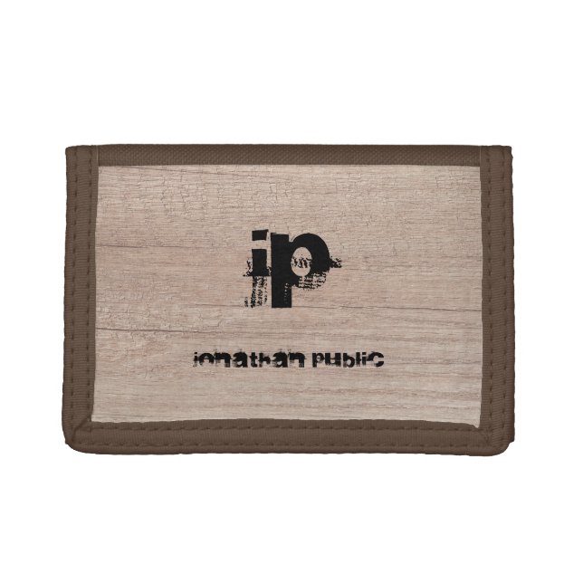 Wood Look Monogram Template Distressed Text Name Trifold Wallet (Front)