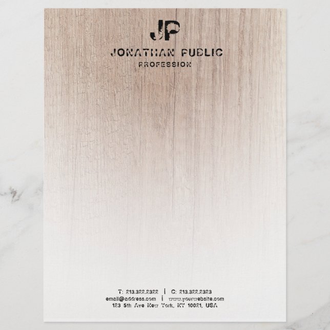 Wood Look Monogrammed Distressed Text Template Letterhead (Front)