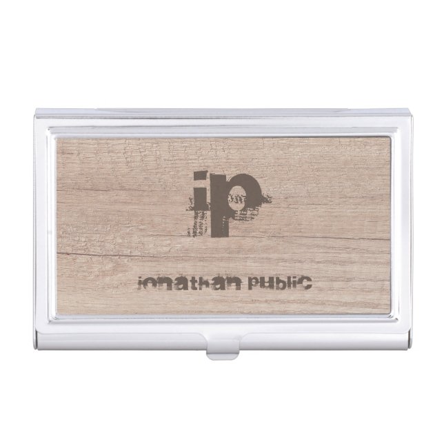 Wood Look Monogrammed Template Distressed Text Business Card Case (Front)