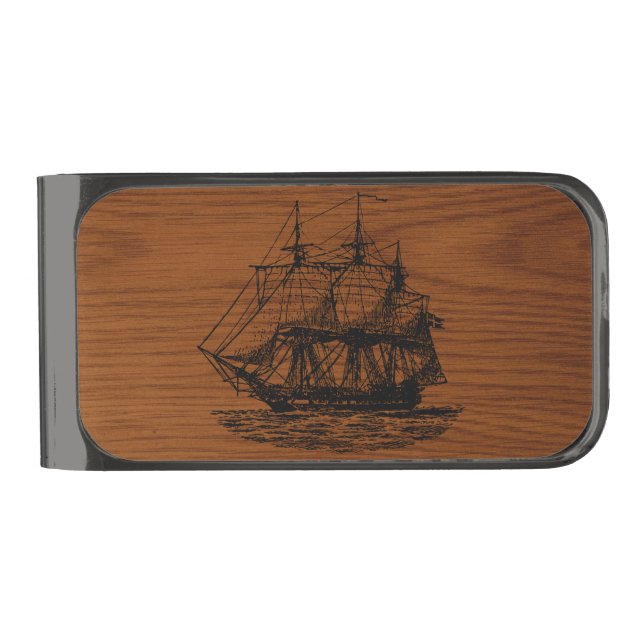 Wood Look Nautical Sailing Ship Gunmetal Finish Money Clip (Front)