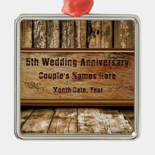 Wood look Personalized 5 year anniversary ornament