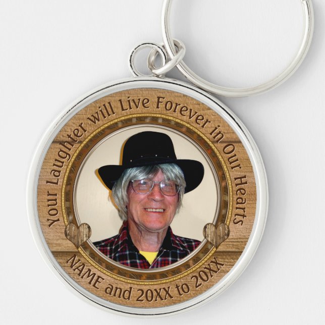 Wood look Personalized Photo Memorial Keychain (Front)