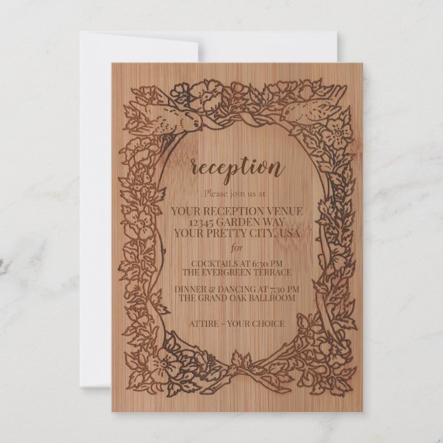 Wood Look Rustic Wildflower Bird Border Reception Invitation (Front)