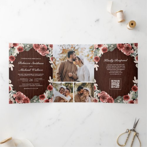 Wood Marsala Floral Photo Collage QR Code Wedding Tri-Fold Invitation