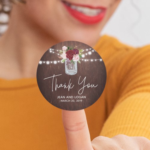 Wood Mason Jar Burgundy Flower Wedding Thank you Classic Round Sticker