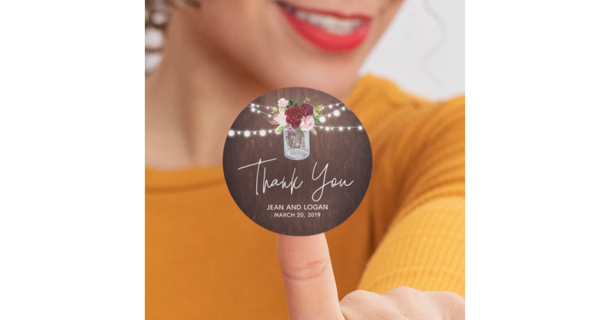 Wood Mason Jar Burgundy Flower Wedding Thank you Classic Round Sticker ...