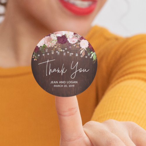 Wood Mason Jar Burgundy Flower Wedding Thank you Classic Round Sticker