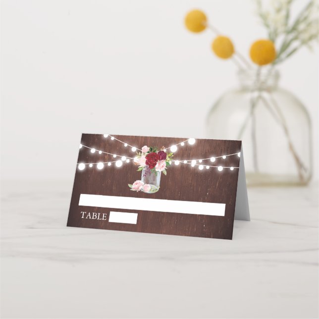 Wood Mason Jar Burgundy Table Number Wedding Place Card (Front)
