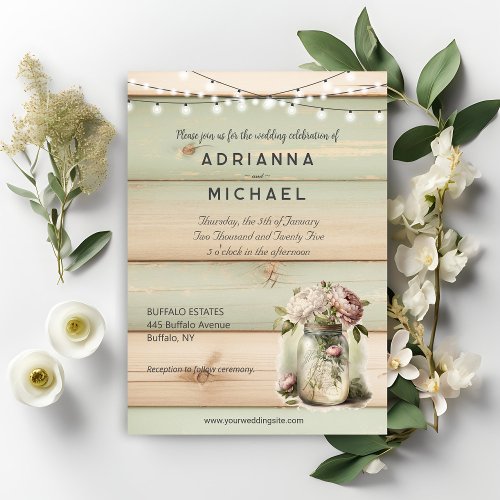 Wood Mason Jar Country Floral Wedding Invitation