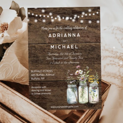 Wood Mason Jar Country Floral Wedding Invitation