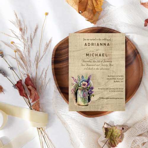 Wood Mason Jar Country Floral Wedding Invitation