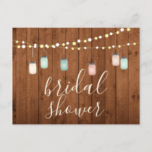 Wood & Mason Jar Lights Rustic Wood Bridal Shower Invitation Postcard