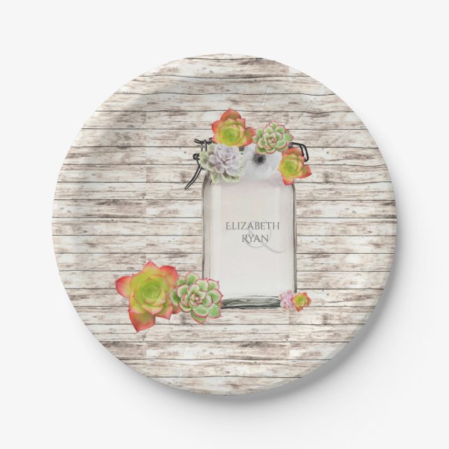 Wood, Mason Jar, Succulents, Wedding, Custom, Paper Plates (Front)