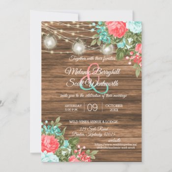 Wood  Mason Jars And Teal  Coral Flower Wedding Invitation by DesignsbyDonnaSiggy at Zazzle