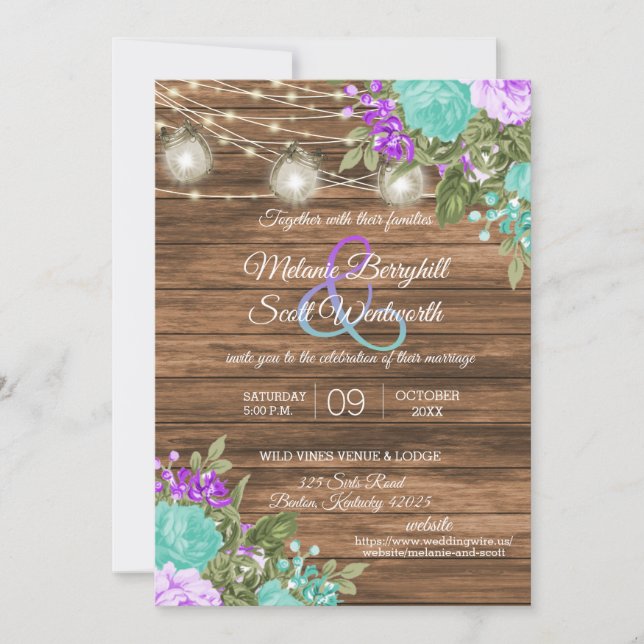 Wood, Mason Jars and Teal, Purple Flower Invitation (Front)