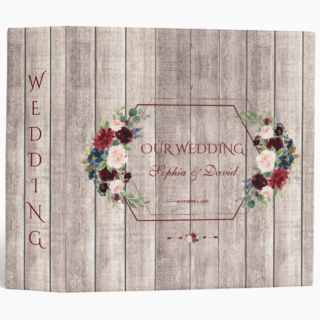 Wood Merlot Navy Floral Geometric Wedding Album 3 Ring Binder (Front/Spine)