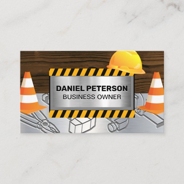 Wood Metal | Construction Site | Caution Business Card (Front)