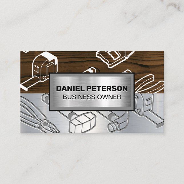 Wood Metal | Industrial Tools Engraved Business Card (Front)