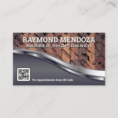 Wood Metallic  QR Code  Barber Shop Pattern Business Card