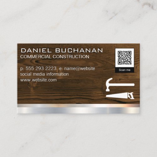 Wood Metallic  Saw Hammer  QR Barcode Template Business Card