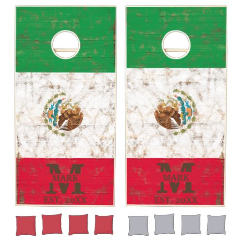 Wood Mexican flag Personalized name and Monogram Cornhole Set