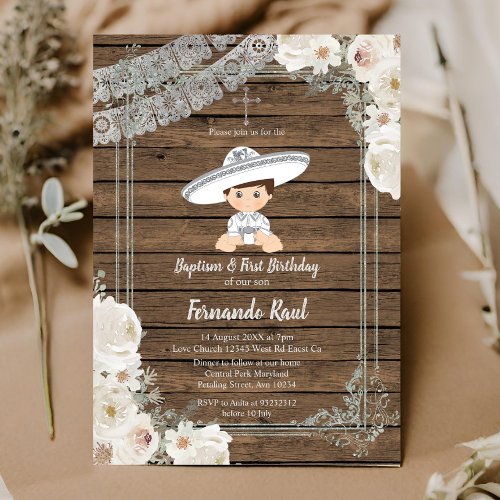 Wood Mexican Silver Fiesta Boy Baptism Birthday Invitation