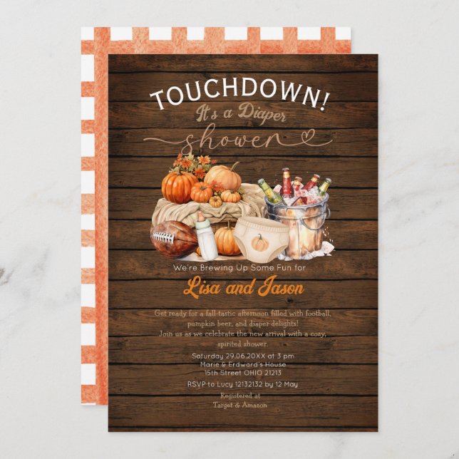 Wood Milk & Football Pumpkin Fall Diaper Shower Invitation (Front/Back)