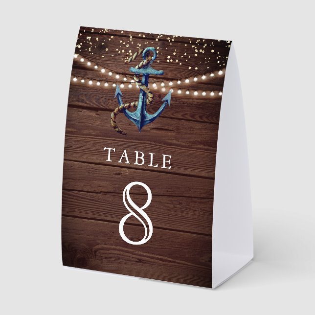 Wood Navy Anchor Nautical Wedding Table Number Paper Table Tent (Front)