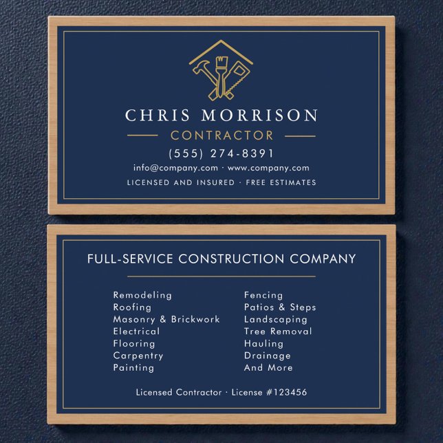 Wood Navy Blue Home Improvement Building Business Card (Creator Uploaded)